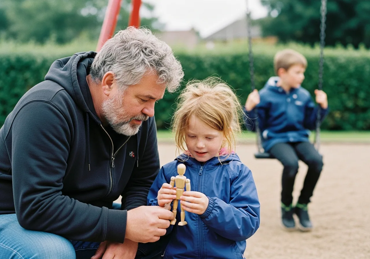 Kinder in der Patchworkfamilie: Vater schaut mit seiner Tochter eine Holzfigur an, im Hintergrund schaukelt ein Junge