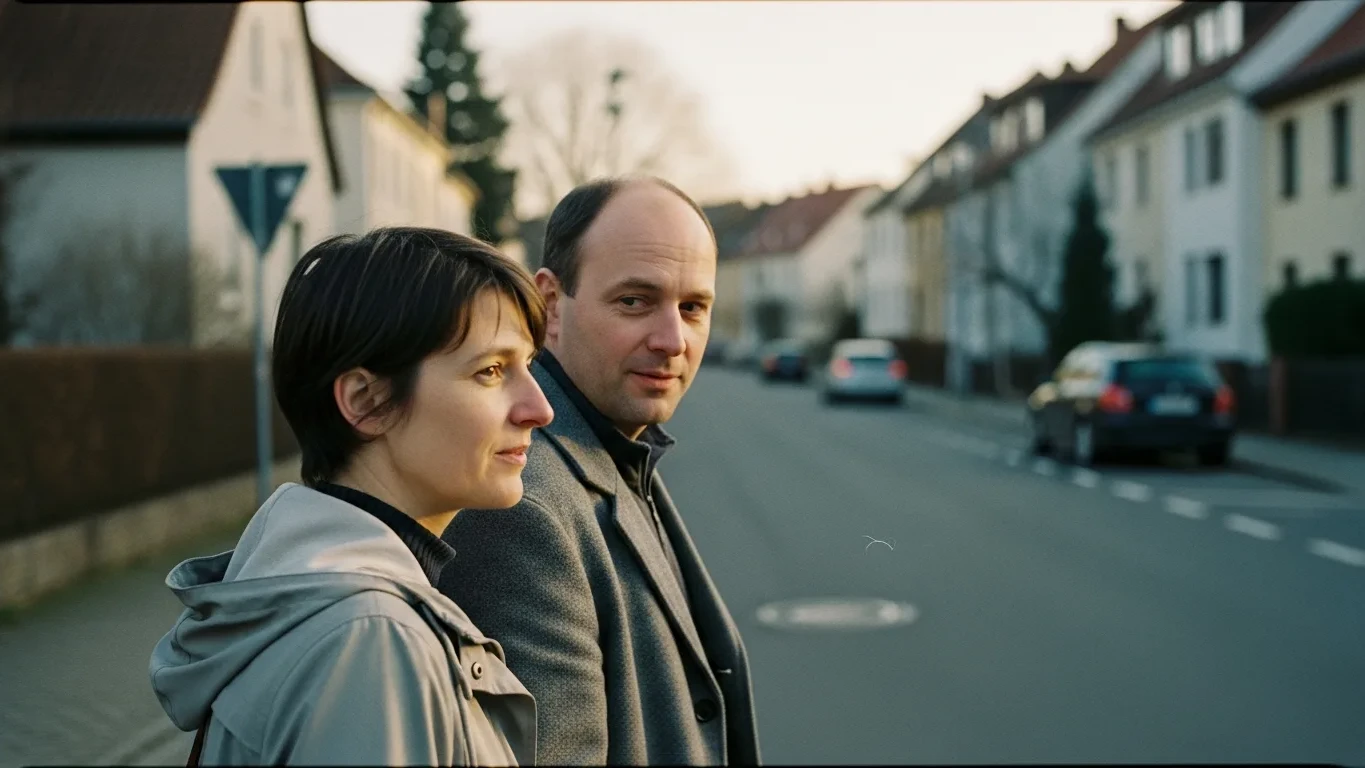 Patchwork-Liebe: Paar geht im Abendlicht eine Wohnstraße entlang und spricht miteinander