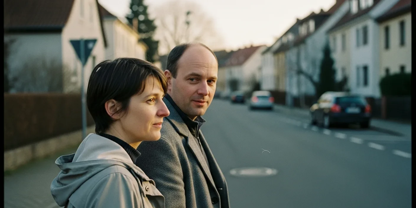 Patchwork-Liebe: Paar geht im Abendlicht eine Wohnstraße entlang und spricht miteinander