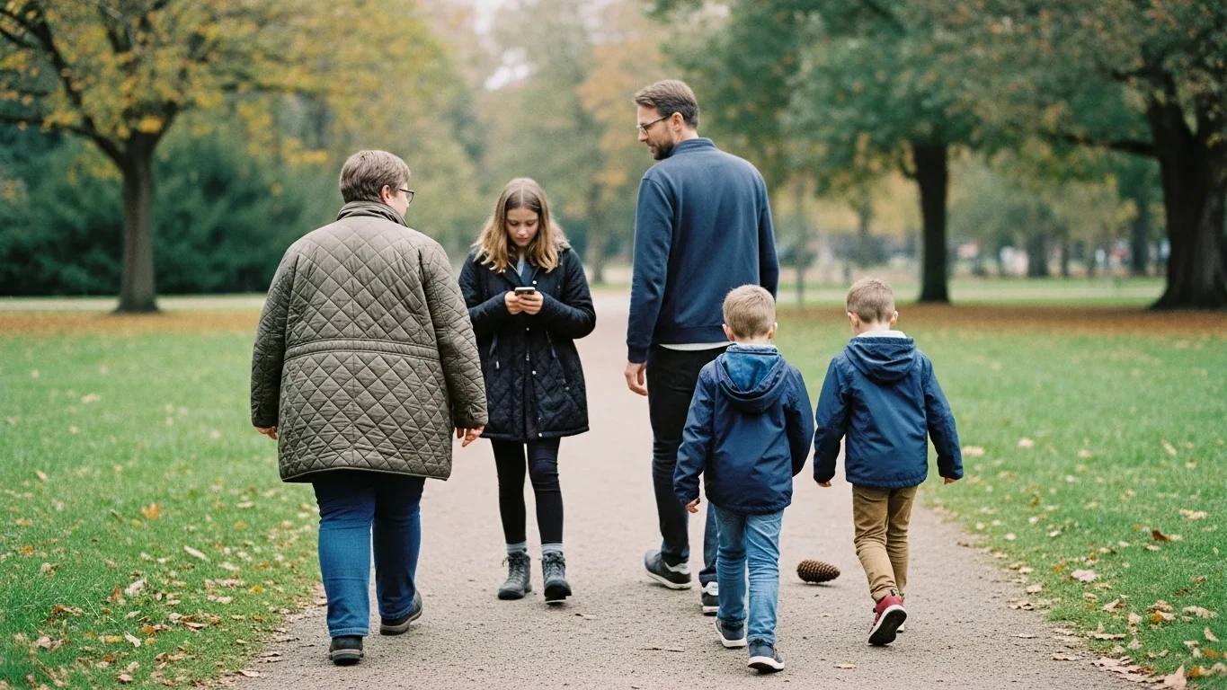 Patchworkfamilie mit drei Kindern geht gemeinsam durch einen herbstlichen Park
