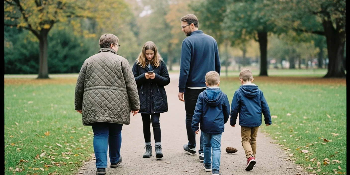 Patchworkfamilie mit drei Kindern geht gemeinsam durch einen herbstlichen Park