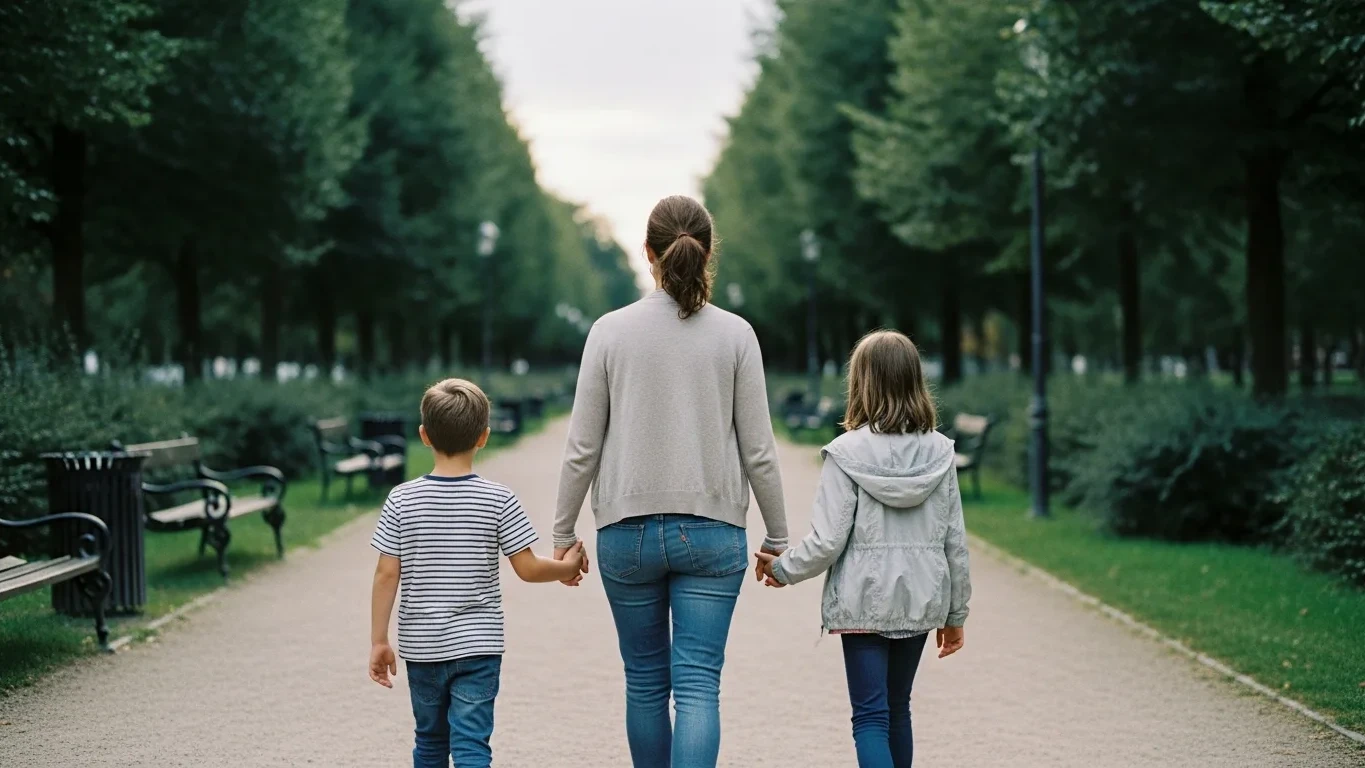 Neuen Partner den Kindern vorstellen: Mutter geht mit Tochter und Sohn Hand in Hand einen Weg entlang