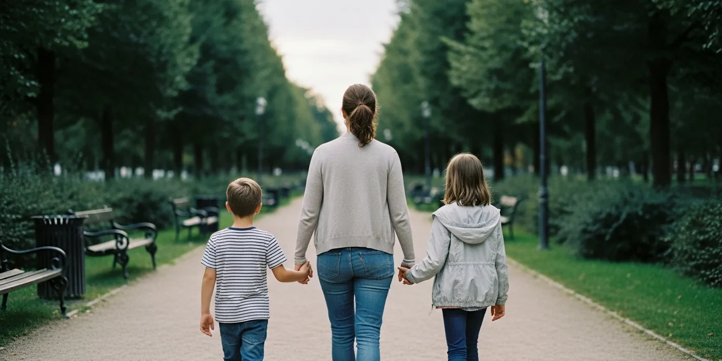 Neuen Partner den Kindern vorstellen: Mutter geht mit Tochter und Sohn Hand in Hand einen Weg entlang