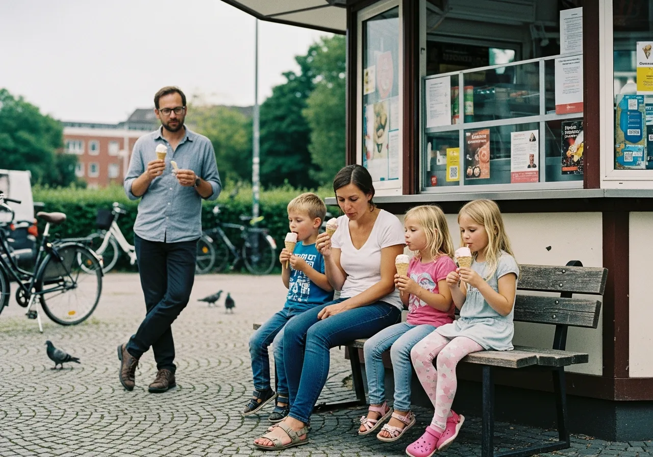 Erstes Kennenlernen: Mutter, Kinder und neuer Partner essen gemeinsam ein Eis im Freien