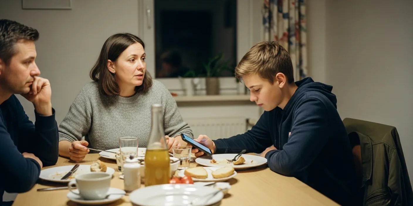 Patchworkfamilie am Esstisch: Stiefmutter im ruhigen Gespräch mit dem Kind ihres Partners