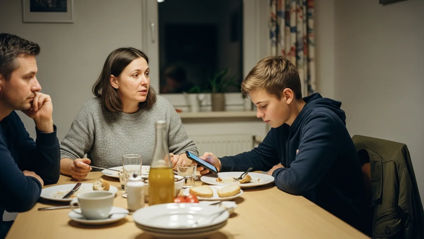 Patchworkfamilie am Esstisch: Stiefmutter im ruhigen Gespräch mit dem Kind ihres Partners