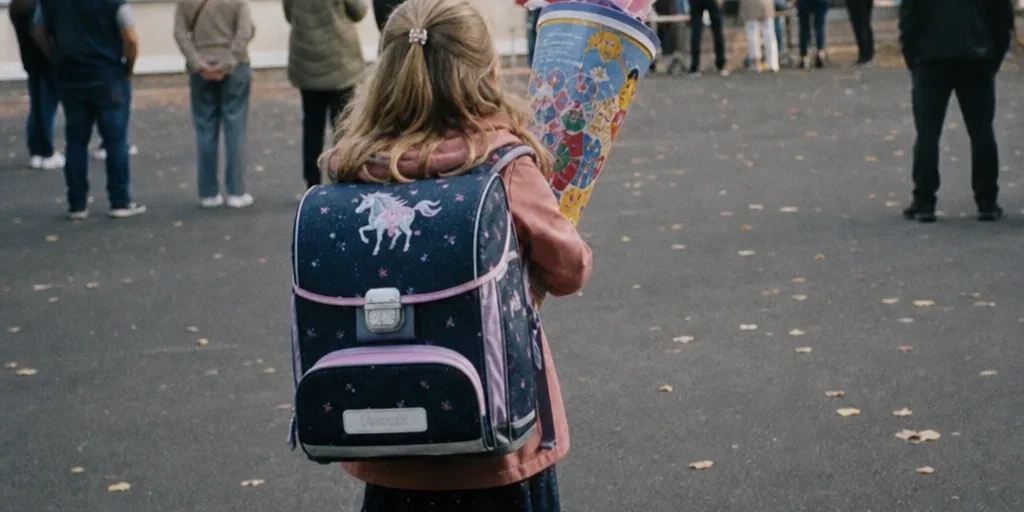 Einschulung in der Patchworkfamilie: Mädchen mit Schultüte und Ranzen von hinten auf dem Schulhof
