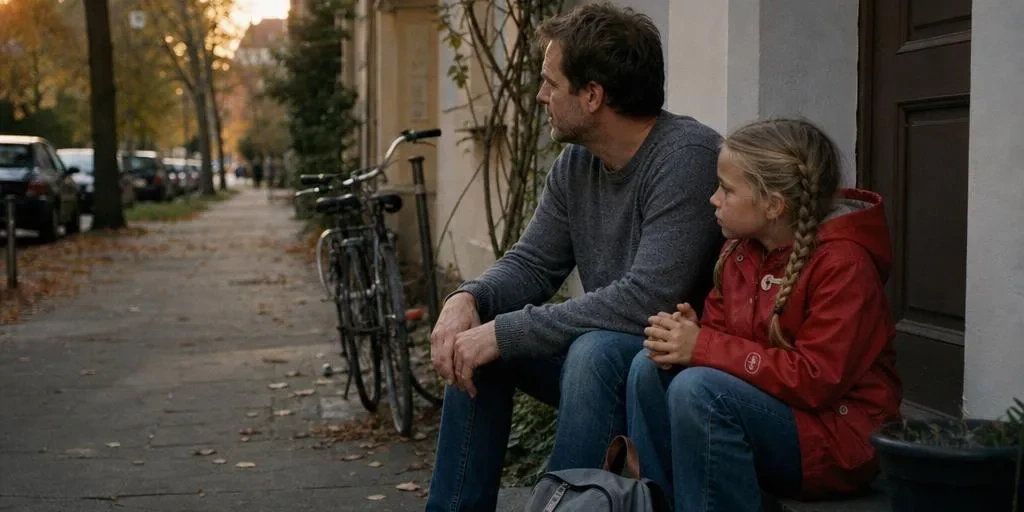 Schuldgefühle als Vater nach der Trennung: Vater sitzt am Abend nachdenklich mit seiner Tochter auf den Stufen vor einem Wohnhaus